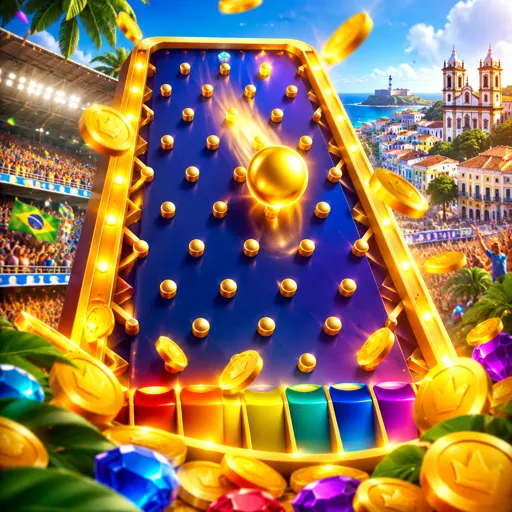 Bola caindo na pirâmide colorida do jogo Plinko
